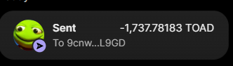 A screenshot of an in-game transaction notification showing a Pepe the Frog avatar sent an airdrop of -1,737,781.83 TOAD tokens to the user "scarmw...l_9990". The image serves as visual proof of the airdrop mentioned in the post, confirming that the user received the token transfer.