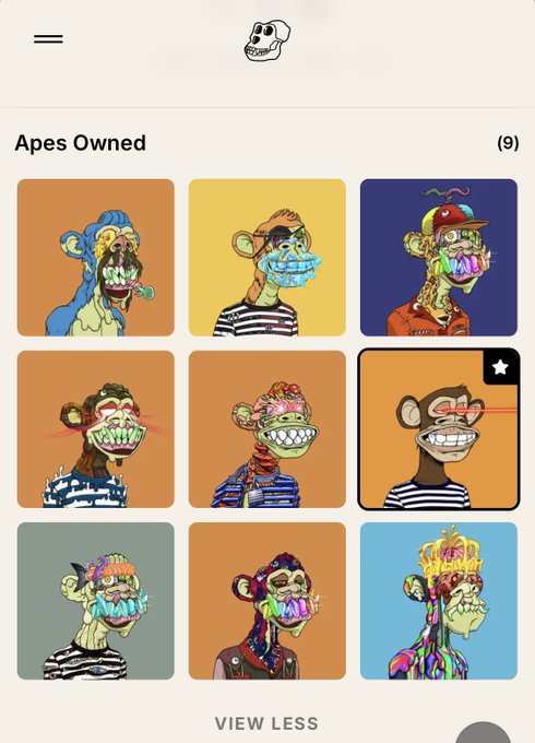 An NFT collection interface displaying "Apes Owned (9)" with a grid of nine cartoon-style ape portraits in various colorful designs, with a "VIEW LESS" button at the bottom.