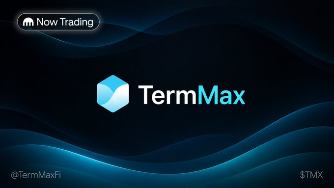 The image features a promotional graphic for TermMax with a "Now Trading" badge in the top-left corner, displaying the TermMax logo alongside the handle @TermMaxFi and the ticker $TMX against a dark blue wavy background. It serves as a visual announcement for the platform's launch, matching the post's call to action to start trading TMX on Kraken's pro app.