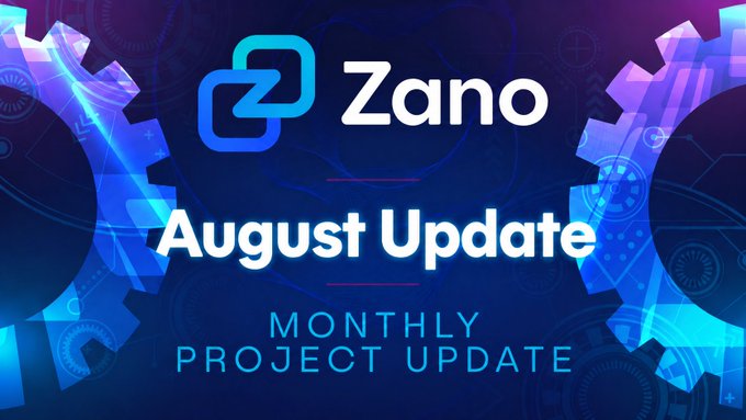A promotional banner with the text 'Zano August Update MONTHLY PROJECT UPDATE' set against a blue and purple background featuring gear designs.