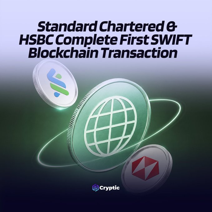 A promotional graphic featuring stylized crypto coins with the "Cryptic" logo at the bottom, overlaid with the headline "Standard Chartered & HSBC Complete First SWIFT Blockchain Transaction," visually representing the news about HSBC and Standard Chartered completing the first live cross-border transaction on SWIFT's blockchain-based ledger using tokenized deposits.
