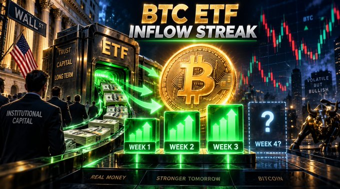 A promotional graphic titled "BTC ETF INFLOW STREAK" featuring a golden Bitcoin coin, green bar charts labeled "WEEK 1," "WEEK 2," "WEEK 3," and a "WEEK 4?" box with a question mark, alongside text including "INSTITUTIONAL CAPITAL," "VOLATILE BUT BULLISH," and "REAL MONEY / STRONGER TOMORROW / BITCOIN."