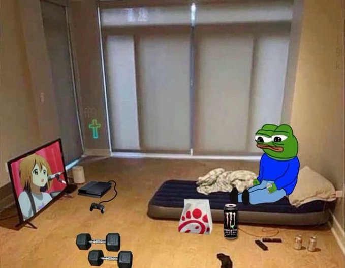 A Pepe the Frog meme character in a blue shirt sits on a mattress in a sparse room, watching anime on a TV with dumbbells, a game console, and a Chick-fil-A bag scattered on the floor.