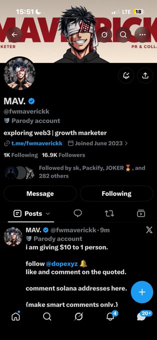 Screenshot of the X (formerly Twitter) profile for @fwmaverickk (MAV.), showing a verified parody account with a post offering $10 to one person for following, liking, and commenting.