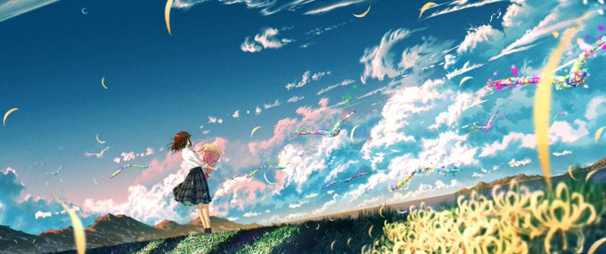 An anime-style illustration of a girl with brown hair in a school uniform holding flowers, standing on a grassy hill looking up at a vibrant blue sky filled with colorful streamers and clouds.