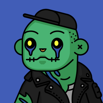 A cartoon illustration of a green zombie-like character wearing a black cap and black leather jacket, with stitched mouth details, glowing yellow eyes with blue tears, and an 'X' for an ear, set against a solid blue background.