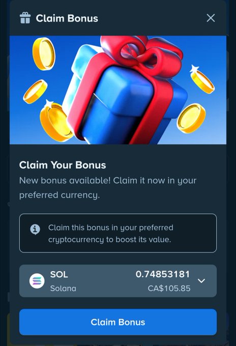 A "Claim Bonus" pop-up offers 0.74853181 SOL (CA$105.85) to new users, aligning with the post's promotion to share free crypto and grow their community.