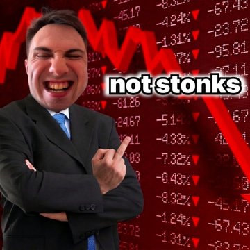 A meme image of a man in a suit laughing maniacly against a red background filled with stock market crash percentages, with text overlay reading 'notstonks'.