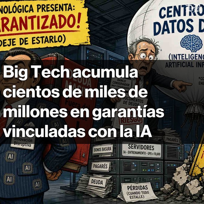 A satirical illustration in Spanish depicts Big Tech executives amid server racks labeled with terms like 'SERVIDORES,' 'BONOS BASURA,' and 'PÉRDIDAS,' with text reading 'Big Tech acumula cientos de miles de millones en garantías vinculadas con la IA' and a banner mentioning 'GARANTIZADO!' and '(DEJE DE ESTARLO).'