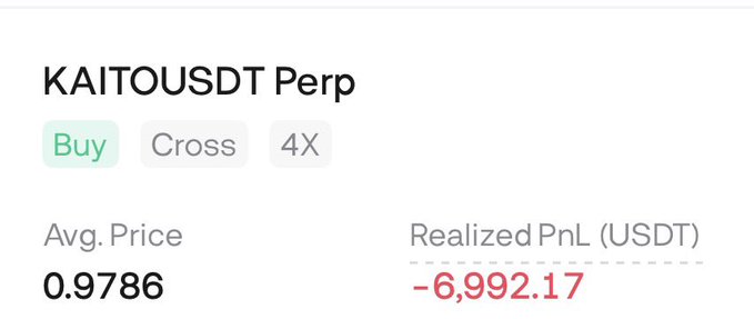 A screenshot of a closed long position on Kaitousdt Perp shows a 4x leveraged Buy trade at an average price of 0.9786, resulting in a realized loss of -6,992.17 USDT, confirming that the $KAITO stop-loss was triggered.