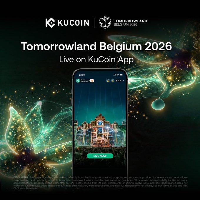 The promotional graphic features KuCoin and Tomorrowland Belgium 2026 branding, advertising the festival's livestream available on the KuCoin App with a "LIVE NOW" button. The dark background is decorated with ethereal green floral designs and sparkling particles, complementing the post's announcement of accessing top DJs like Martin Garrix, David Guetta, and Steve Aoki via the KuCoin livestream.