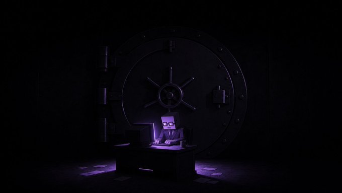 A low-poly figure with glasses sits hunched over a glowing purple laptop in front of a massive circular bank vault door, intensely focused on debugging the failing RPC endpoints mentioned in the post. The dim, moody lighting and scattered papers on the floor convey the urgency of rotating endpoints and troubleshooting timed-out transactions.