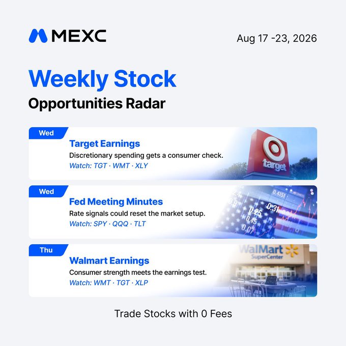 MEXC Weekly Stock Opportunities Radar for Aug 17-23, 2026, highlighting Target Earnings (TGT, WMT, XLY) on Wednesday, Fed Meeting Minutes (SPY, QQQ, TLT) on Wednesday, and Walmart Earnings (WMT, TGT, XLP) on Thursday, with 'Trade Stocks with 0 Fees' at the bottom.