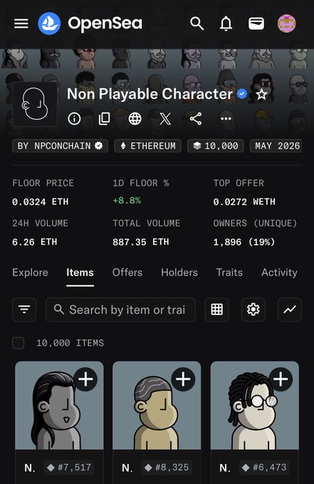 OpenSea mobile app showing the 'Non Playable Character' collection by NPConchain on Ethereum, with 10,000 items, floor price of 0.0324 ETH, and various character NFT thumbnails.