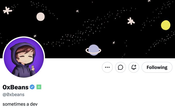 The image shows a Twitter/X profile page for "0xBeans" (@0xbeans), featuring an anime-style cartoon avatar of a person in a hoodie making a peace sign, set against a starry space-themed banner. The profile description reads "sometimes a dev," and the "Following" button is visible. The accompanying post recommends following @0xbeans as an ex-Coinbase engineer and Abstract builder, with the profile image reinforcing the "dev" persona referenced in the bio.