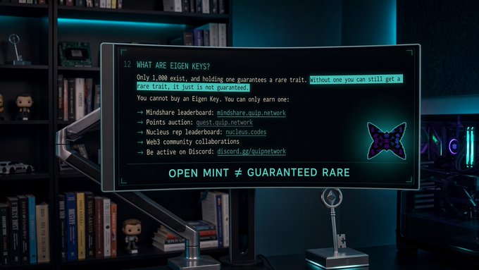 A curved computer monitor displaying text titled 'WHAT ARE EIGEN KEYS?' explaining that only 1,000 exist and listing methods to earn them, including 'MINDshare leaderboard' and 'Web3 community collaborations', with 'OPEN MINT ≠ GUARANTEED RARE' below.