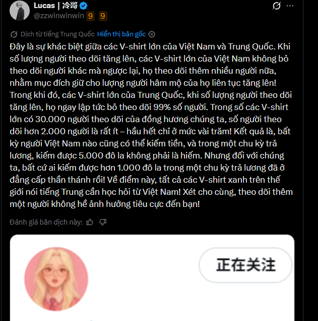 A tweet in Vietnamese by Lucas (@zzwinwinwin) discussing how major Vietnamese and Chinese crypto V-loggers differ in follower growth strategies, noting that Chinese V-loggers quickly unfollow 99% of people when followers increase, while Vietnamese ones add many followers but only a small fraction follow back, resulting in inflated numbers.