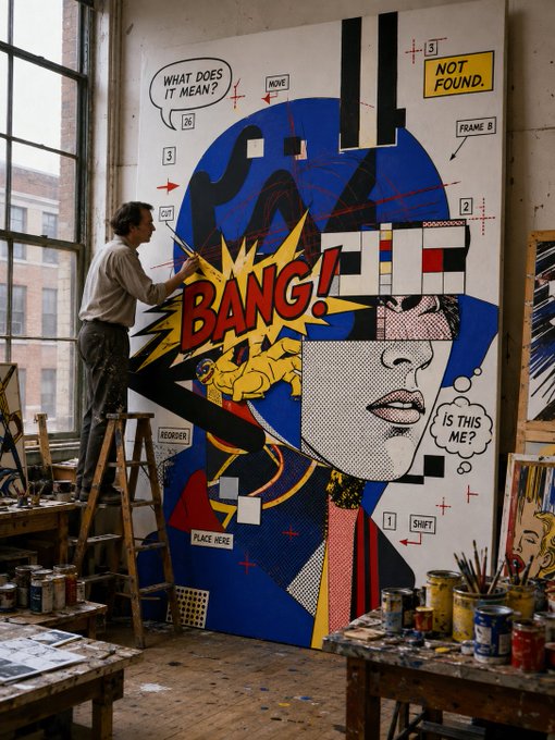 An artist on a ladder painting a large pop-art style mural featuring comic book elements with 'BANG!' speech bubbles, geometric shapes, and a face.