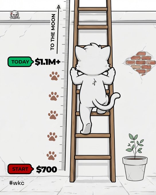 A white cat climbs a wooden ladder marked "TO THE MOON" alongside a growth chart tracking progress from a "START $700" to "TODAY $1.1M+," symbolizing Wiki Cat's journey from humble beginnings to a thriving liquidity pool. Paw prints on the wall and the hashtag "#wkc" reinforce the meme's motivational message about perseverance and growth.