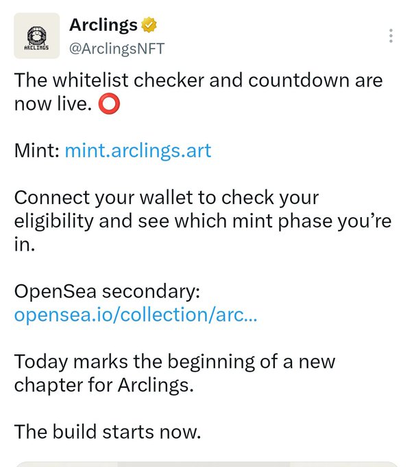 Twitter/X post from @ArclingsNFT announcing that 'The whitelist checker and countdown are now live' with a mint link at mint.arclings.art and an OpenSea collection link.