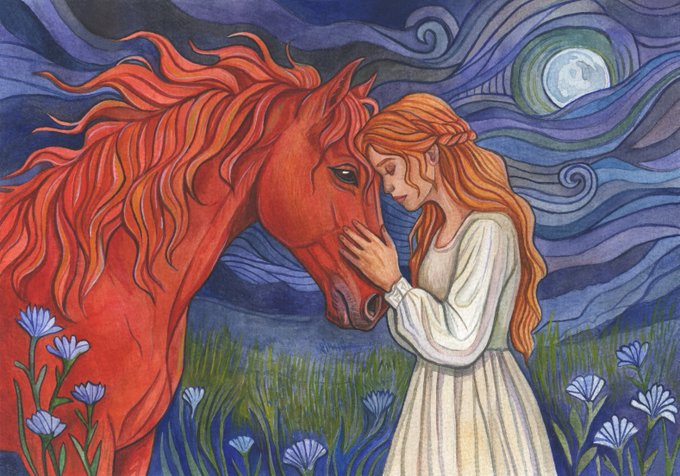 An artistic painting in the style of Van Gogh's 'Starry Night' featuring a red horse and a woman in a white dress pressing their foreheads together, surrounded by swirling blue skies and cornflowers.