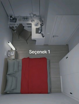 Top-down aerial view of a small studio apartment labeled 'Seçenek 1' (Option 1) featuring a bed with a red blanket, a desk area, and white cabinetry.