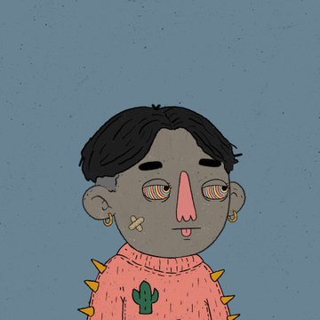 A stylized 2D illustration of a character with dark hair, a long nose, ear piercings, and a bandage on their cheek, wearing a pink sweater with a cactus design and spiked shoulders against a blue background.