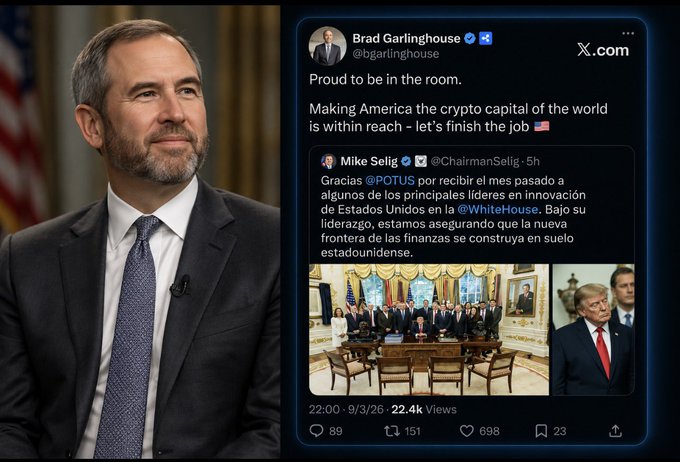 Brad Garlinghouse (@bgarlinghouse) tweets 'Proud to be in the room. Making America the crypto capital of the world is within reach - let's finish the job 🇺🇸', quoting a Spanish tweet from Mike Selig (@ChairmanSelig) thanking @POTUS for receiving crypto leaders at the @WhiteHouse.