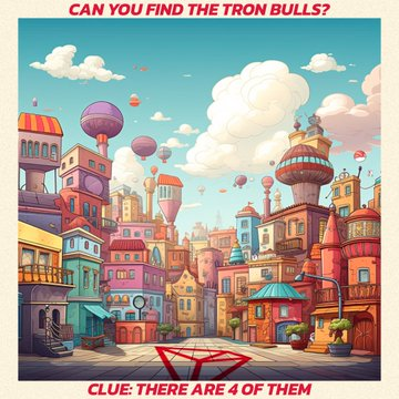 A cartoon puzzle image titled 'CAN YOU FIND THE TRON BULLS?' with the clue 'THERE ARE 4 OF THEM' displayed at the bottom.