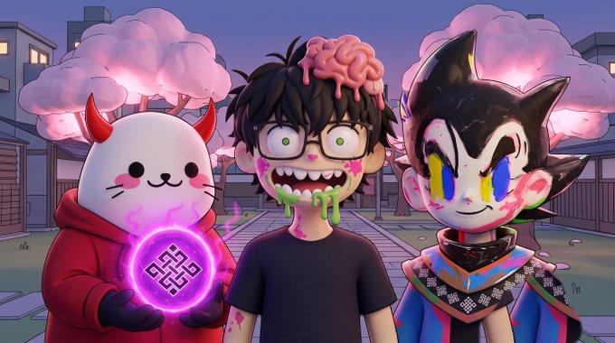 Anime-style illustration of three characters: a figure in a red hoodie with horns holding a glowing purple orb, a central figure with an exposed brain and green drool, and a character with spiky black hair.