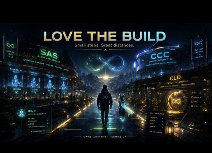 A futuristic cityscape promotional image titled 'LOVE THE BUILD' featuring the SAS, CCC, and CLD projects with the tagline 'OWNERSHIP OVER PERMISSION'.