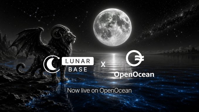 A promotional graphic announcing a partnership between 'LUNAR BASE' and 'OpenOcean', stating 'Now live on OpenOcean', featuring a black ram-like creature with wings against a moonlit night sky.