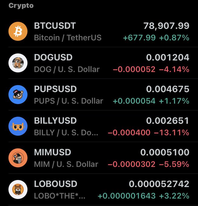 A cryptocurrency price tracker showing BTCUSDT at 78,907.99 (+0.87%), DOGUSD at 0.001204 (-4.14%), and several memecoins including PUPS, BILLY, MIM, and LOBO with their price changes.