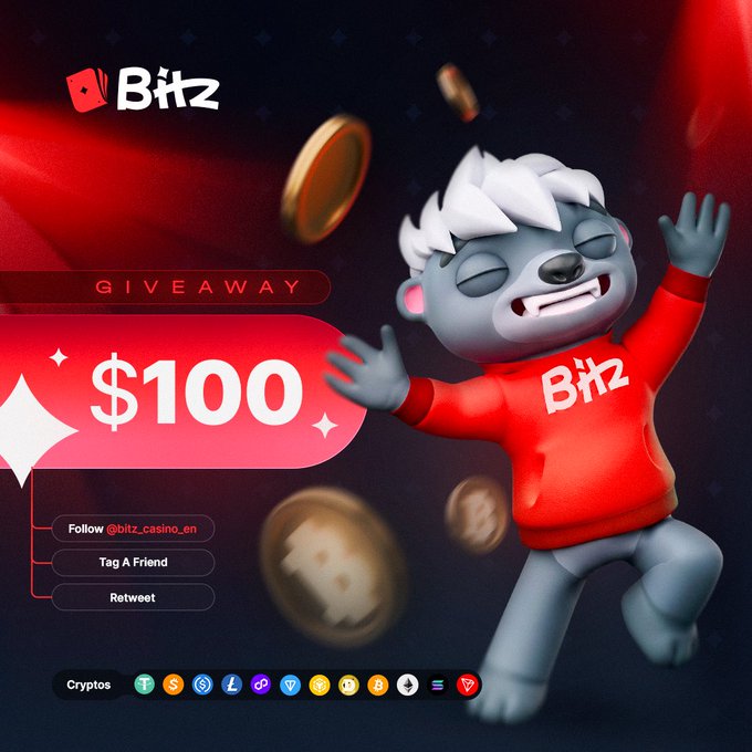A promotional advertisement for Blitz features a 3D animated gray bear character in a red Blitz sweatshirt celebrating a $100 giveaway, with instructions to follow @blitz_casino_en, tag a friend, and retweet, alongside various cryptocurrency logos.
