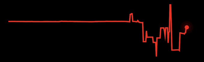 A minimalist red line drawing on a black background depicting what appears to be a dramatic financial chart with sharp dips and spikes, culminating in a small circle on the right—evoking a heartbeat monitor or candlestick graph, humorously suggested as NFT artwork.