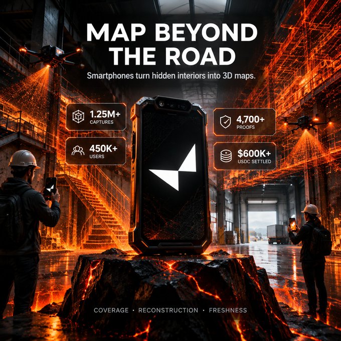 A promotional graphic titled 'MAP BEYOND THE ROAD' advertising a smartphone app that turns interiors into 3D maps, featuring stats like 1.25M+ captures and 450K+ users.