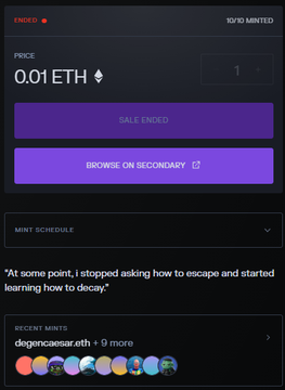 A minting page shows a 'SALE ENDED' status for the 'degenercaesar.eth' NFT at a price of 0.01 ETH, with the quote 'At some point, I stopped asking how to escape and started learning how to decay.'