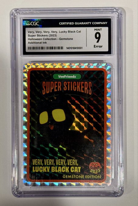 A CGC certified graded collectible card in a protective slab, graded MINT 9 with an 'Error' designation, features a Veefriends 'SUPER STICKERS' 'VERY, VERY, VERY, VERY, LUCKY BLACK CAT 2023 GEMSTONE EDITION' design with a holographic foil pattern.