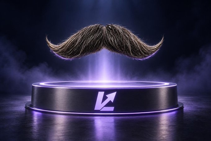 A dramatic, wizard-like mustache hovers above a glowing metallic pedestal marked with a stylized "LS" logo, set against a smoky purple backdrop. The image visually reinforces the "Big Beard" persona mentioned in the post, paired with the launchpad branding and Ethereum contract address (0xca14007eff0db1f8135f4c25b34de49ab0d42766) to announce an upcoming token launch.