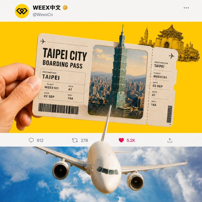 A WEEX中文 (WeexCn) social media post showing a Taipei City boarding pass with flight WEEX101 to Taipei on 02 SEP, gate A1, seat 18A, set against a yellow background with an airplane flying through clouds.