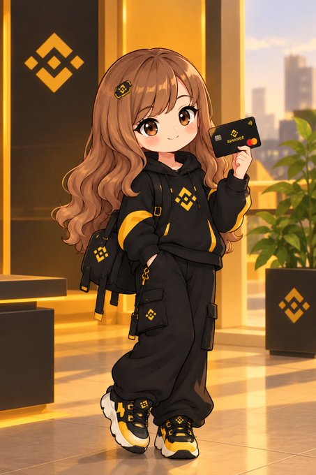The image is an anime-style illustration of a cheerful, stylized chibi character with long brown hair, wearing a black and yellow streetwear outfit that includes a hoodie with a diamond-shaped Binance logo, cargo pants, and a backpack, all branded with the same geometric emblem. She is holding up a black credit card with gold accents that reads "Binance" alongside the brand’s logo, while standing in a sleek, golden-hued modern interior with the Binance diamond symbol displayed on a wall behind her and a potted plant to the side. The accompanying post about applying for a Binance Card aligns perfectly with the illustration, as the character is visually presenting the very product being promoted, serving as an inviting, brand-aligned mascot that emphasizes ease and appeal of signing up for the card through a verified Binance account.