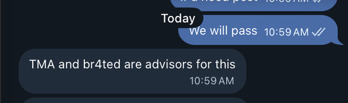 A chat screenshot showing messages where someone says "We will pass" followed by a notification that "TMA and br4ted are advisors for this," which appears to be a scam reply sent to users seeking NFT profit advice from accounts tagged @Tma_420 and @BR4ted.