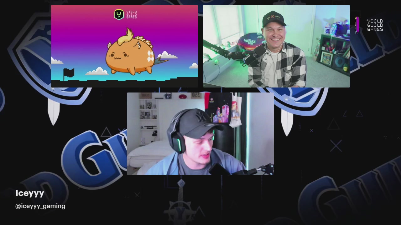 The image shows a man wearing a hat, sitting in front of three computer monitors displaying different content. The first monitor has an orange cartoon character on it, while the second monitor displays a video game scene with a character from "Minecraft". The third monitor features a man's face and text that reads "ICEY! RAVAGING! EPISODE 2 ft. Icyyy & N1rvy + SPecial Guests".