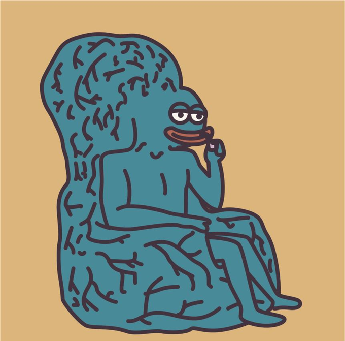 The image features a blue, brain-textured Pepe-like character sitting in a contemplative pose, appearing deep in thought against a tan background—evoking the look of a philosopher pondering big decisions, which fits perfectly with the post's question about whether someone got into the $FERDY presale.