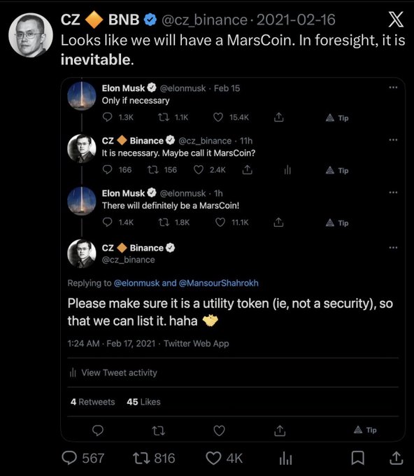 A screenshot of a tweet from CZ Binance (@cz_binance) dated February 16, 2021, captioned "Looks like we will have a MarsCoin. In foresight, it is inevitable," featuring a reply chain with Elon Musk discussing the inevitability of a "MarsCoin" cryptocurrency, with CZ noting it should be structured as a utility token rather than a security for listing on Binance.