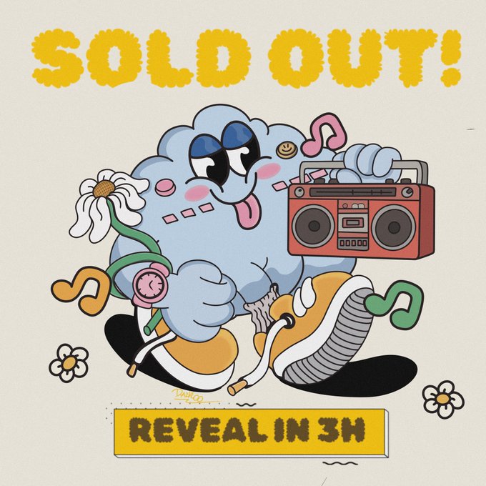 A cartoon cloud character holding a daisy, boombox, and retro sneakers appears below bold yellow "SOLD OUT!" text and above a "REVEAL IN 3H" banner, visually celebrating the sold-out Clouds Club NFT drop of 111 collectors teased in the post.