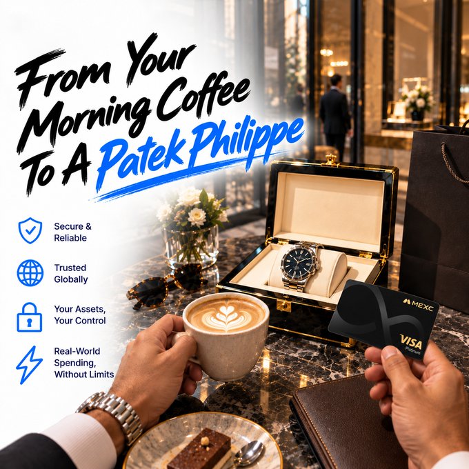 A hand reaches for a latte while another holds a black MEXC Visa Platinum card, with a luxury Patek Philippe watch displayed in an open presentation box between them. The image promotes the MEXC Card's versatility, with overlaid text reading "From Your Morning Coffee To A Patek Philippe" and highlighting features like "Secure & Reliable," "Trusted Globally," and "Real-World Spending, Without Limits."