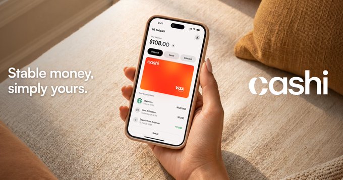 A hand holds a smartphone displaying the Cashi app, showing a balance of $108.00 and a Visa card interface, alongside the tagline "Stable money, simply yours" and the Cashi logo, marking the public beta launch of the stablecoin payments platform.