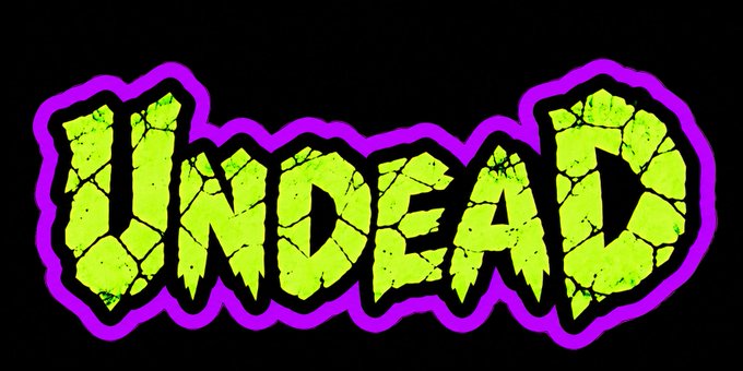 A bold logo graphic with the word 'UNDEAD' written in cracked, yellow-green graffiti-style lettering outlined in bright purple against a solid black background.