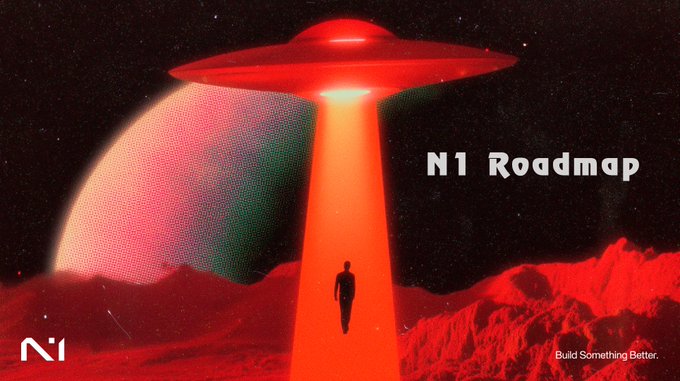 A stylized red-toned space illustration showing a UFO beaming a figure up from a mountainous landscape toward a planet, with the text "N1 Roadmap" and "Build Something Better." alongside the N1 logo.